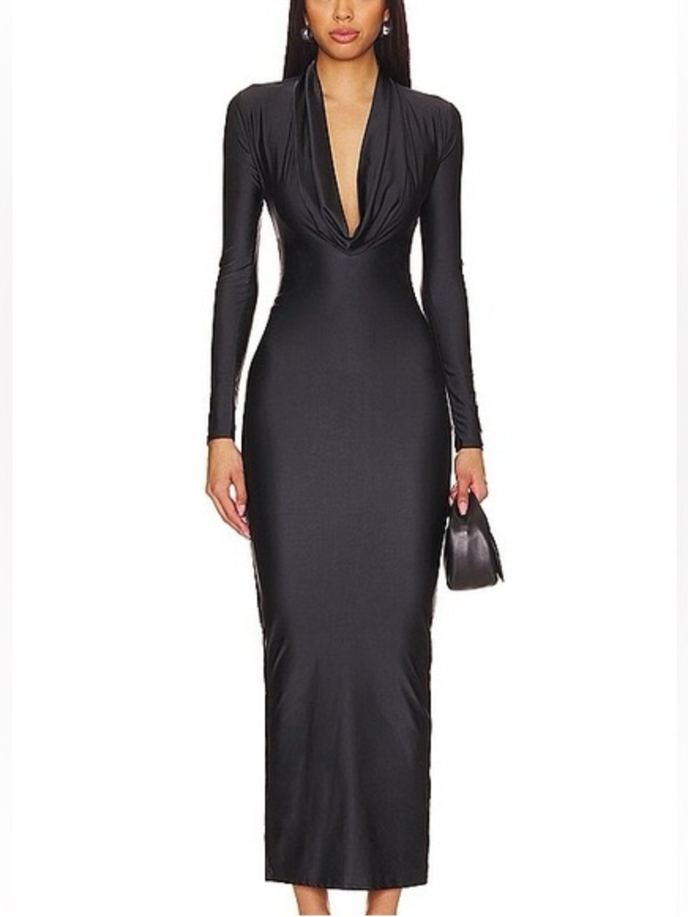 NWOT Designer GOOD AMERICAN Long Sleeve Black Cowl Neck Maxi Cocktail Dress Sz S